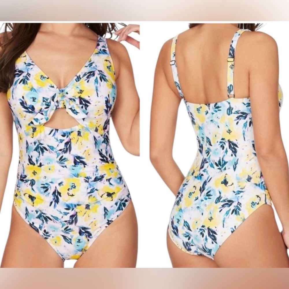⛱️Niptuck Yellow Blue Floral Slimming Shaping Swimsuit 8 D/DD Australian Design